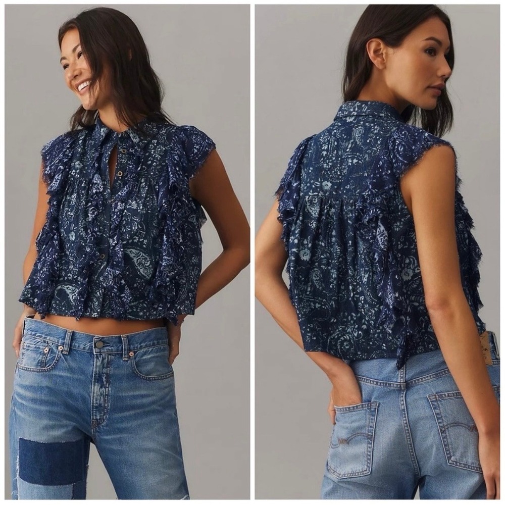 Pilcro Anthropologie Blue Paisley Floral Ruffle Sleeveless Denim Top Large